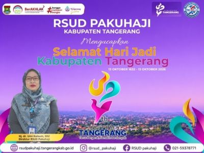 Poster ucapan HUT ke-394 Kabupaten Tangerang dari RSUD Pakuhaji yang menampilkan Direktur Hj. dr. Umi Kulsum, M.M.