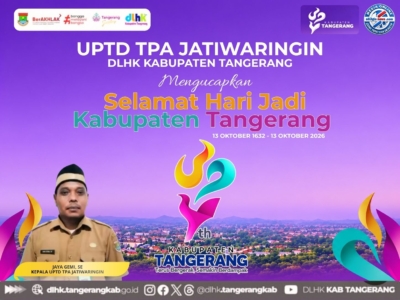 Poster ucapan HUT ke-394 Kabupaten Tangerang dari UPTD TPA Jatiwaringin DLHK yang menampilkan Kepala UPTD Jaya Gemi, S.E.