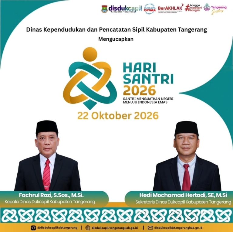 Poster ucapan Selamat Hari Santri Nasional 2026 dari Disdukcapil Kabupaten Tangerang.